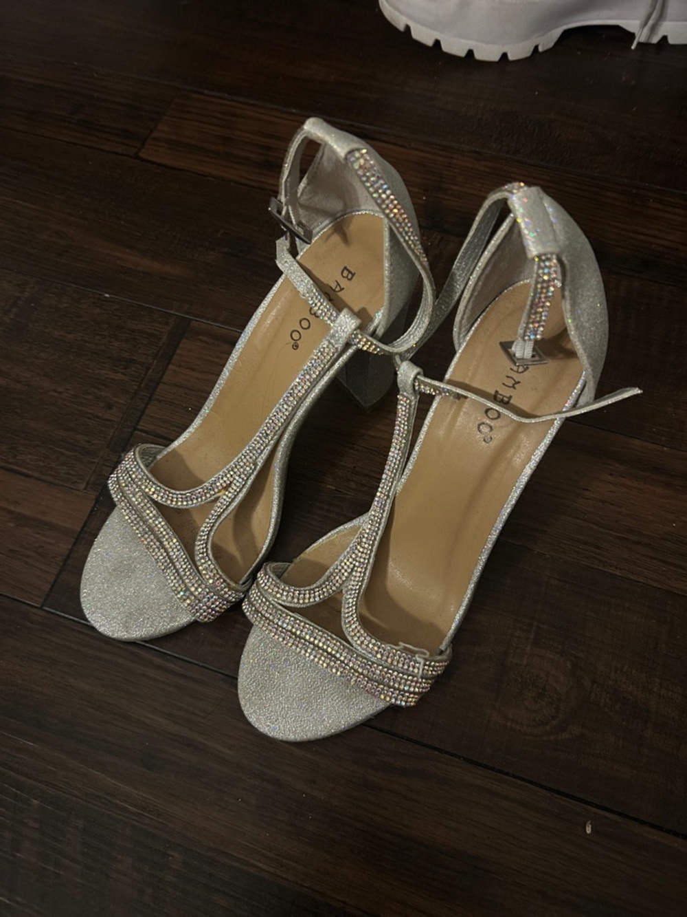 BAMBOO Silver Sparkle T-Strap Block Heel Sandals